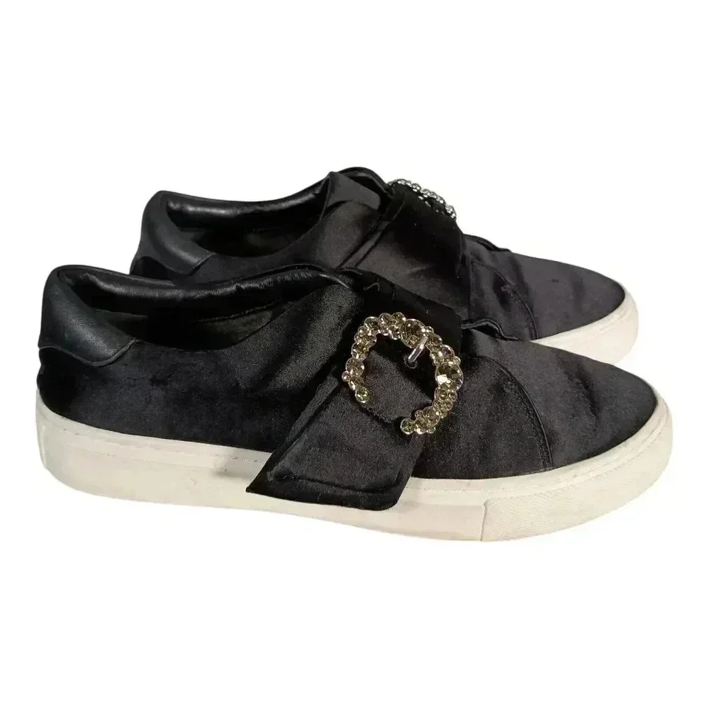 Tory Burch Greer Fashion Sneaker Rhinestone Buckle Satin Leather Black Women's 7